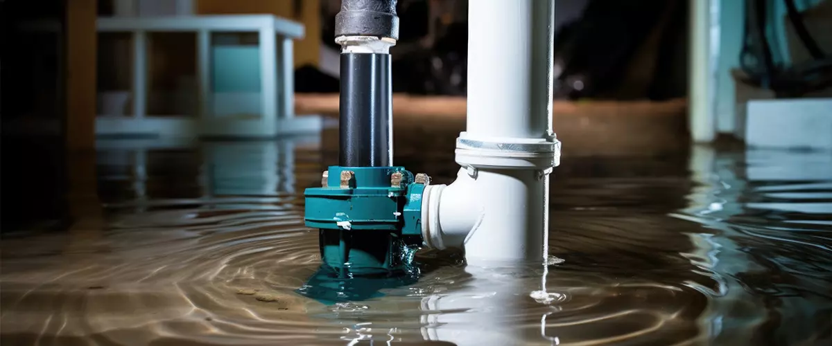 An upclose shot of a sump pump hard at work, pumping out excess water and saving the day for homeowners.