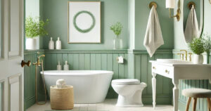 Elegant-bathroom-with-softsage-green-walls,-white-fixtures,-and-gold-accents,-featuring-a-freestanding-tub,-vanity,-and-greenery-for-a-refreshing,-spa-like-ambiance