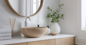 Modern bathroom with a wooden vessel sink, round mirror, greenery, and elegant decor on a white countertop. Best Bathroom Faucet Brands for 2024