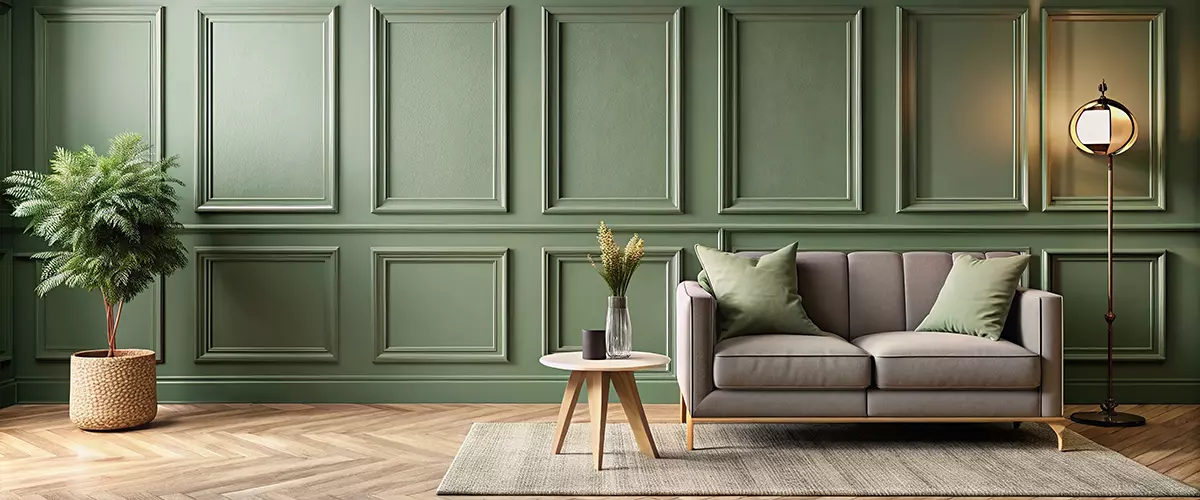 Sage green wall with a variety of textures and paneling , vertical siding, beadboard, muted colors