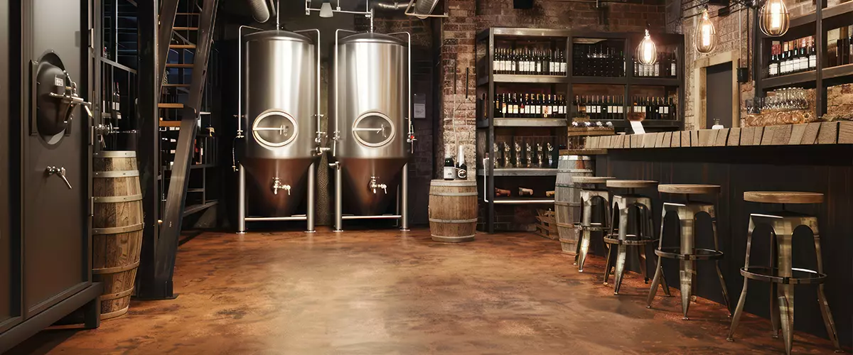 Copper brown rubber flooring in a basement, providing a rustic and warm tone for a home brewery or wine cellar