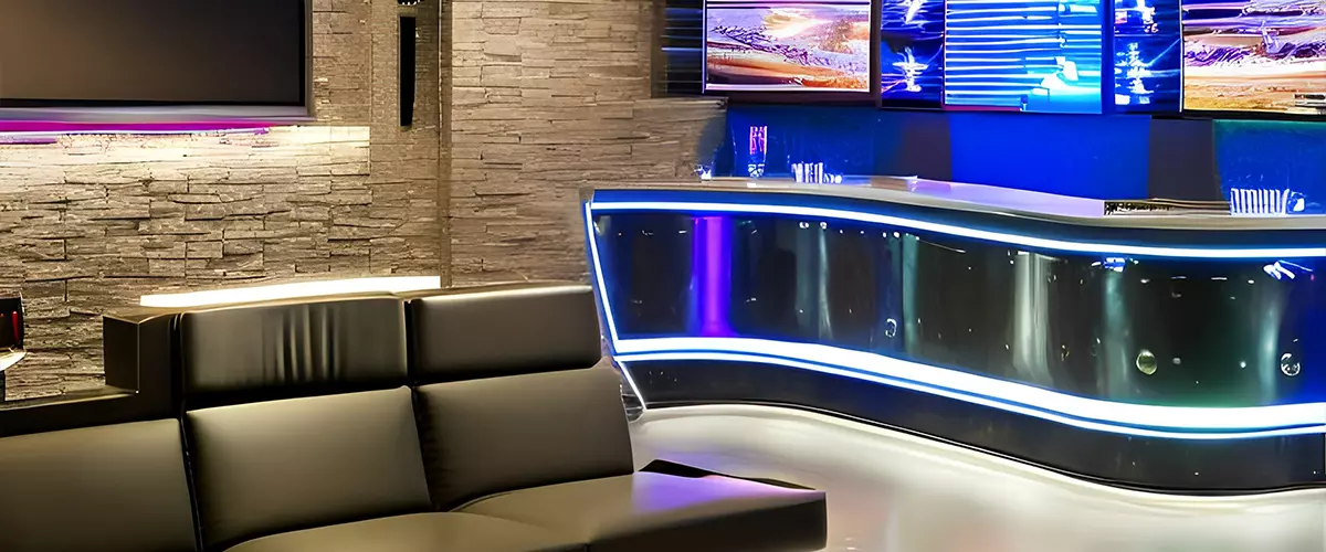 high tech bar futuristic, spaceship-themed basement bar with LED lighting, metallic surfaces, and an alien-themed