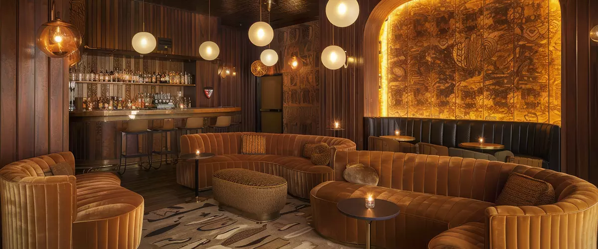 lounge bar features plush, cushioned seating, warm ambient lighting, a stocked bar, and elegant, chic decor, making it an inviting spot for relaxation and conversation