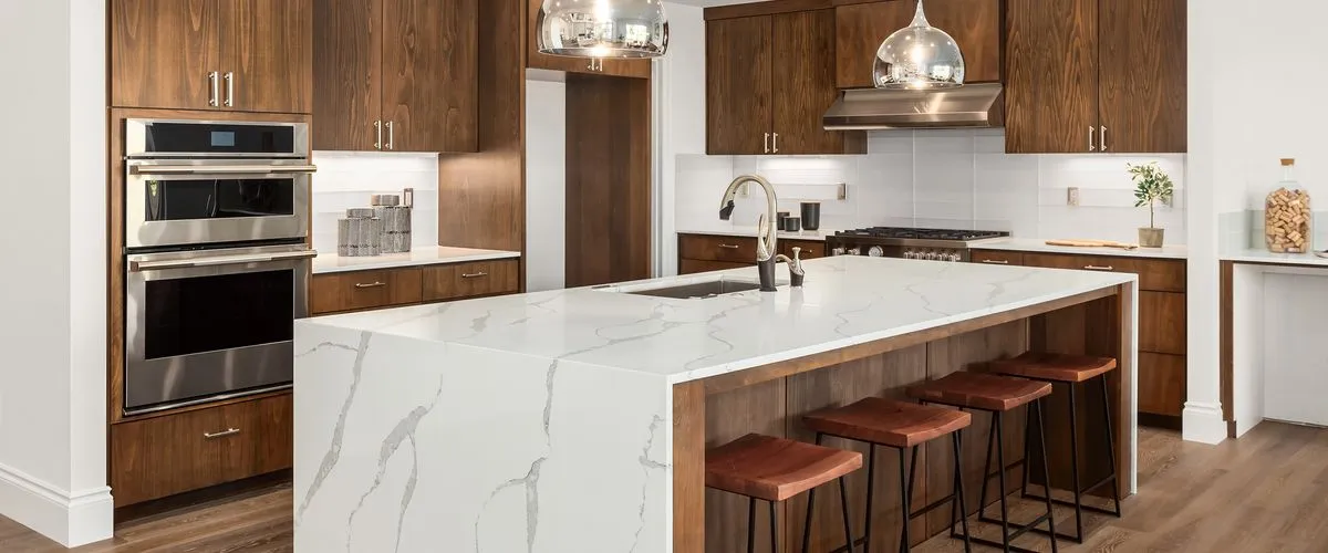 wood and marble kitchen with kitchen island