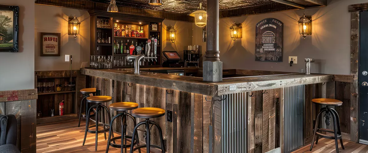 suburban farmhouse with a custom-built bar in the basement, featuring rustic wood, a tin ceiling, and vintage bar stools