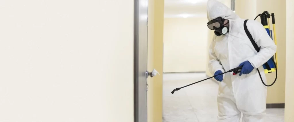 A mold removal specialist in a full white hazmat suit, gas mask, and blue gloves uses a long spray wand from a backpack sprayer to treat an area near a gray doorframe, performing professional mold remediation