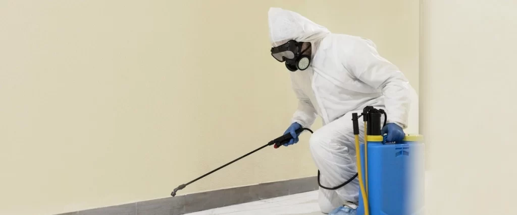 A mold treatment technician in a full white hazmat suit, respirator mask, and blue gloves kneels to spray a solution along the baseboard of a beige wall with a long wand from a blue and yellow pump sprayer, indicating professional mold remediation services