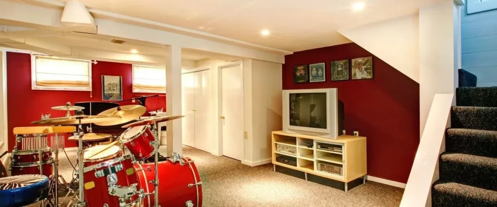 Finished basement designed as a music and media room with a red drum set, accent wall, and television stand.