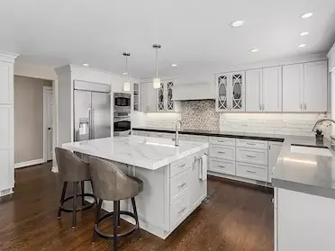 kitchen remodeling project, full white modern kitchen with white cabinets and kitchen island, wooden floor and spot-on lights